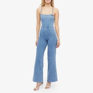 Good American Vacay Denim Jumpsuit Lace Up Back Flare Leg Stretchy Size 2